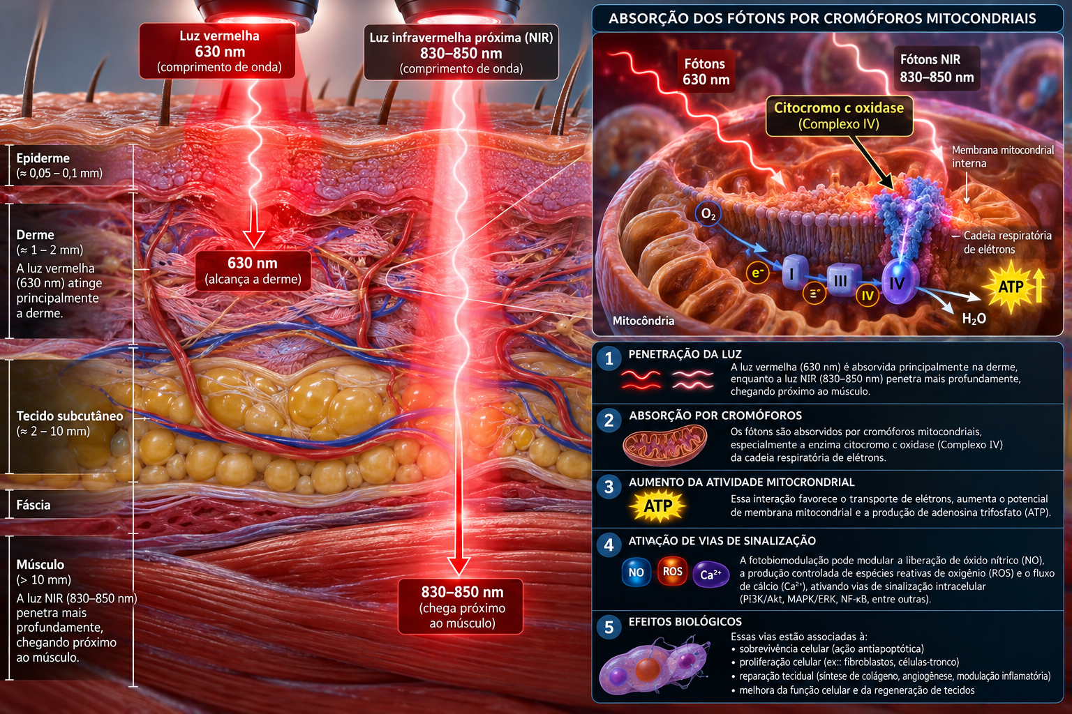 A imagem mostra como a luz vermelha e NIR atuam na mitocondria, aumentando a produção de ATP na célula como faz a tecnologia Dermalux